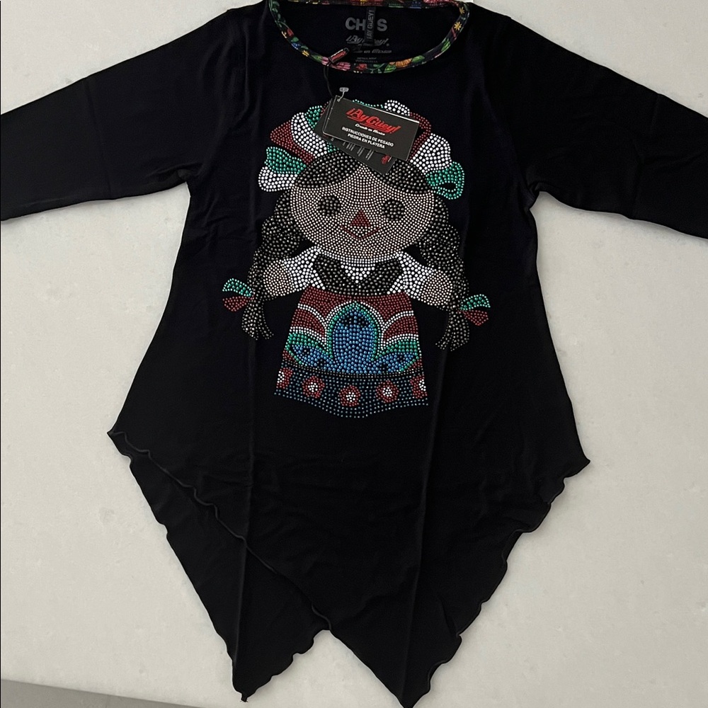 CH&S Girls' Black Short-Sleeve Rhinestone Doll Tunic